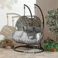 Rattan egg Double Chair Hanging Garden Furniture outdoor Swing Grey Cushion UK