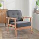 Retro Armchair Single Chair Beech Wood Frame Padded Cushion Linen Fabric Grey