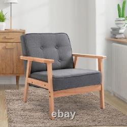 Retro Armchair Single Chair Beech Wood Frame Padded Cushion Linen Fabric Grey