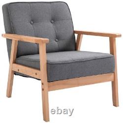 Retro Armchair Single Chair Beech Wood Frame Padded Cushion Linen Fabric Grey