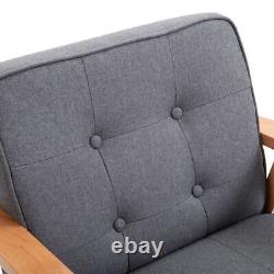 Retro Armchair Single Chair Beech Wood Frame Padded Cushion Linen Fabric Grey