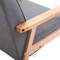 Retro Armchair Single Chair Beech Wood Frame Padded Cushion Linen Fabric Grey