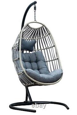 SH&G Folding Rattan Hanging Egg Chair with Grey Cushion