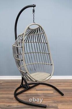 SH&G Folding Rattan Hanging Egg Chair with Grey Cushion