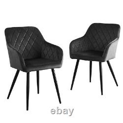 Set of 2 Kitchen Dining Chairs Grey Diamond Velvet Padded Armchairs Metal Leg