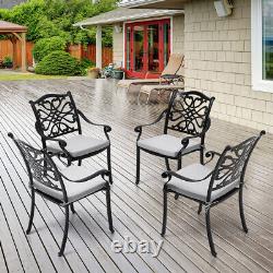 Set of 4 Cast Aluminum Patio Chairs Outdoor Dining Chairs withArmrest&Grey Cushion