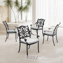 Set of 4 Cast Aluminum Patio Chairs Outdoor Dining Chairs withArmrest&Grey Cushion