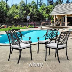 Set of 4 Cast Aluminum Patio Chairs Outdoor Dining Chairs withArmrest&Grey Cushion