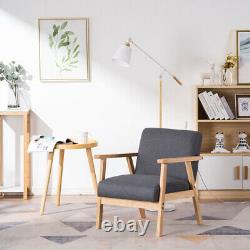 Single Sofa Armchair Wooden Frame Fabric Padded Cushion Grey Linen Accent Chair