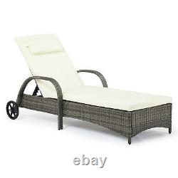 Single Sun Lounger Rattan Sun Bed Garden Folding Recliner Chair with Cushion Grey