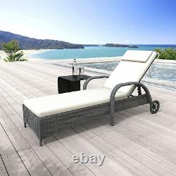 Single Sun Lounger Rattan Sun Bed Garden Folding Recliner Chair with Cushion Grey