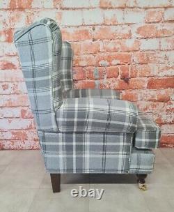 Stunning Wing Back Arm Chair T Cushion Seat Balmoral Dove Grey Tartan Dark Legs