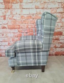 Stunning Wing Back Arm Chair T Cushion Seat Balmoral Dove Grey Tartan Dark Legs