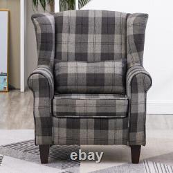 Tartan Fabric Upholster Armchair Grey Lounge Chair Cushion Living Room Furniture