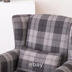 Tartan Fabric Upholster Armchair Grey Lounge Chair Cushion Living Room Furniture