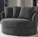 Thomasville Dark Grey Soft Fabric Swivel Snuggle Chair With 3 Accent Pillows