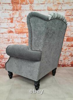 Wing Back Accent Chair Grey Tartan & Plain Grey Frame- Black Shapped Legs