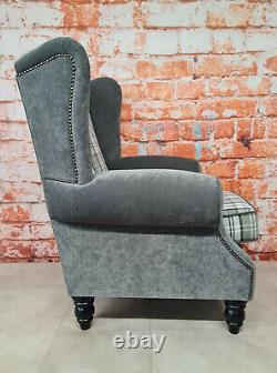 Wing Back Accent Chair Grey Tartan & Plain Grey Frame- Black Shapped Legs