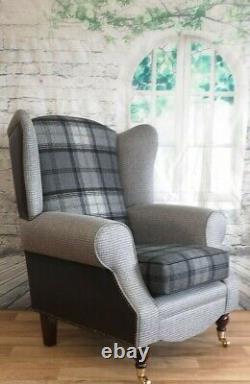 Wing Back Fireside Queen Anne Chair Black & Grey Tartan Snakeskin Combination