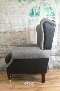 Wing Back Fireside Queen Anne Chair Black & Grey Tartan Snakeskin Combination