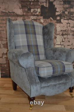 Wing Back Queen Anne Accent Chair Blue Tartan Seating Area & Plain Grey Fabric