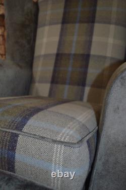 Wing Back Queen Anne Accent Chair Blue Tartan Seating Area & Plain Grey Fabric