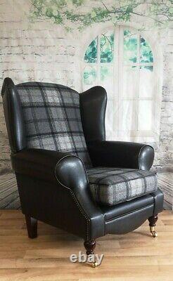 Wing Back Queen Anne Chair Black & Grey Tartan with Black Faux Leather Frame