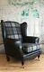Wing Back Queen Anne Chair Black & Grey Tartan With Black Faux Leather Frame