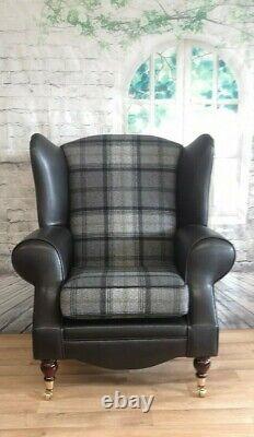 Wing Back Queen Anne Chair Black & Grey Tartan with Black Faux Leather Frame