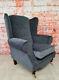Wing Back Queen Anne Chair Grey Quilted Seating Area With Plain Grey Soft Fabric