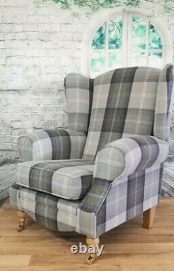 Wing Back Queen Anne Cottage Chair Balmoral Oxford Blue Tartan Light Wood Legs