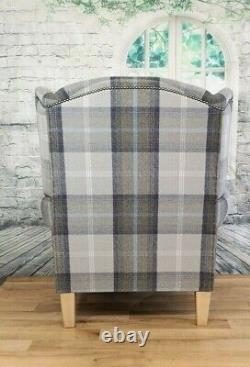 Wing Back Queen Anne Cottage Chair Balmoral Oxford Blue Tartan Light Wood Legs