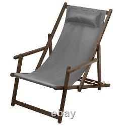 Wooden Deck Chair Armrest Garden Folding Cushion Pillow Weatherproof Patio Grey