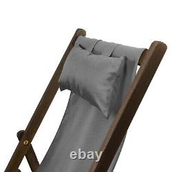 Wooden Deck Chair Armrest Garden Folding Cushion Pillow Weatherproof Patio Grey