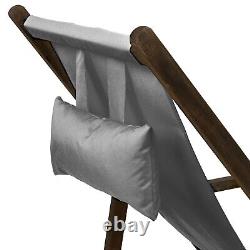 Wooden Deck Chair Armrest Garden Folding Cushion Pillow Weatherproof Patio Grey