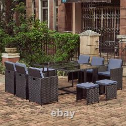 11 Pièces Rattan Garden Furniture Set Grey Cushion Cube Dining Chairs Table