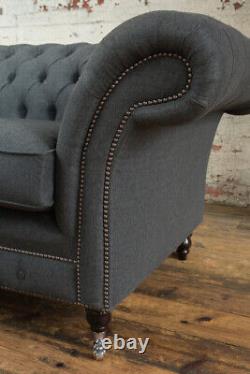 2 Seater Charcoal Grey Herringbone Laine Chesterfield Sofa Couch Chaise