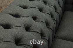 2 Seater Charcoal Grey Herringbone Laine Chesterfield Sofa Couch Chaise