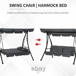 2-en-1 Patio Swing Chair 3 Seater Hammock Cushion Bed Tilt Canopy Garden Grey