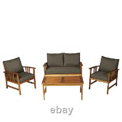 4pcs Acacia Wood Outdoor 4-seater Table Chair Set Chat Avec Coussins Patio Garden