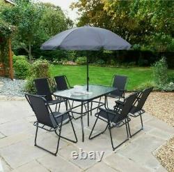 8pc Garden Patio Furniture Set Outdoor Grey Rectangular Table Chairs & Parasol