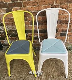 Chaise Tolix A en acier métallique jaune + coussin gris, pour intérieur et extérieur