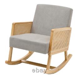 Chaise berçante à cadre en bois massif naturel avec accoudoirs et siège rembourré en tissu