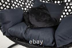 Chaise d'œuf de jardin suspendue en rotin noir onyx 105 cm, coussins gris, avec housse P