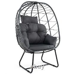 Chaise d'œuf en rotin PE intérieur extérieur avec coussins (gris)