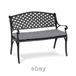 Chaise de banc de jardin 2 places avec coussin en noir/gris antique pour la décoration de la maison sur la terrasse