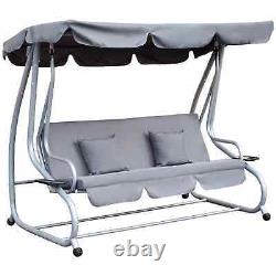 Chaise de jardin à bascule, hamac convertible en lit, coussin, banc à 3 places, auvent de soleil gris.