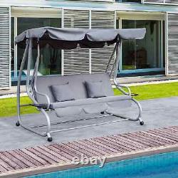 Chaise de jardin à bascule, hamac convertible en lit, coussin, banc à 3 places, auvent de soleil gris.