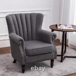 Chaise de salon à dossier aile cannelé en tissu de lin gris
