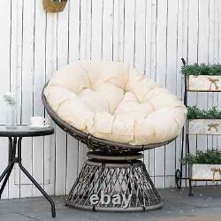 Chaise en rotin avec coussin rembourré style soucoupe pour jardin, patio, salon, siège pivotant gris.